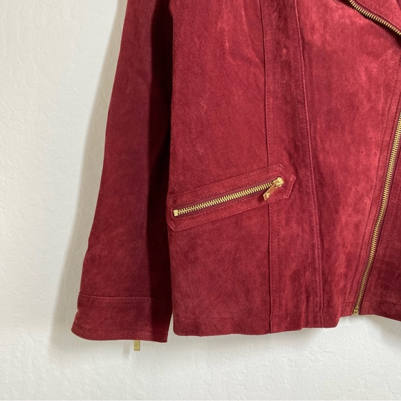 Dennis Basso Women’s S Red Vintage Gold Zip Motto Suede Leather Jacket - Picture 3 of 8